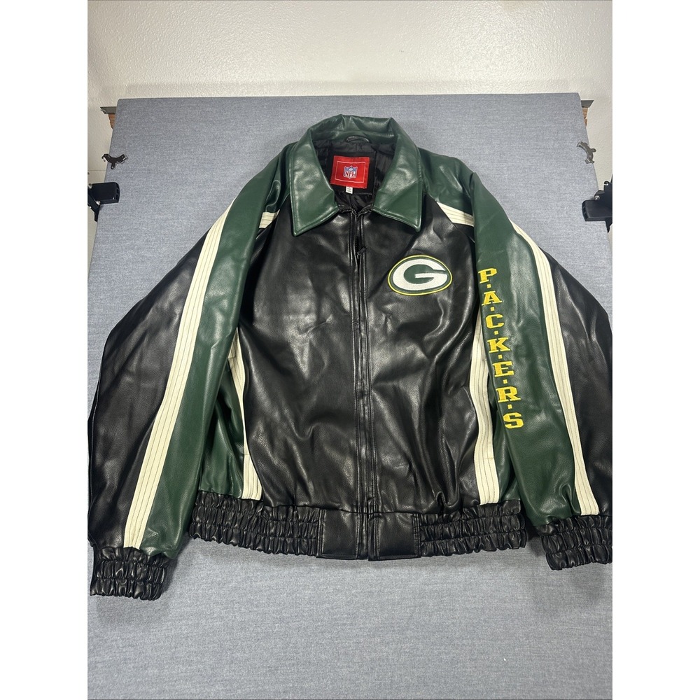 Vintage 90s Green Bay Packers NFL Faux Leather Jacket Men's Full Zip Black Green